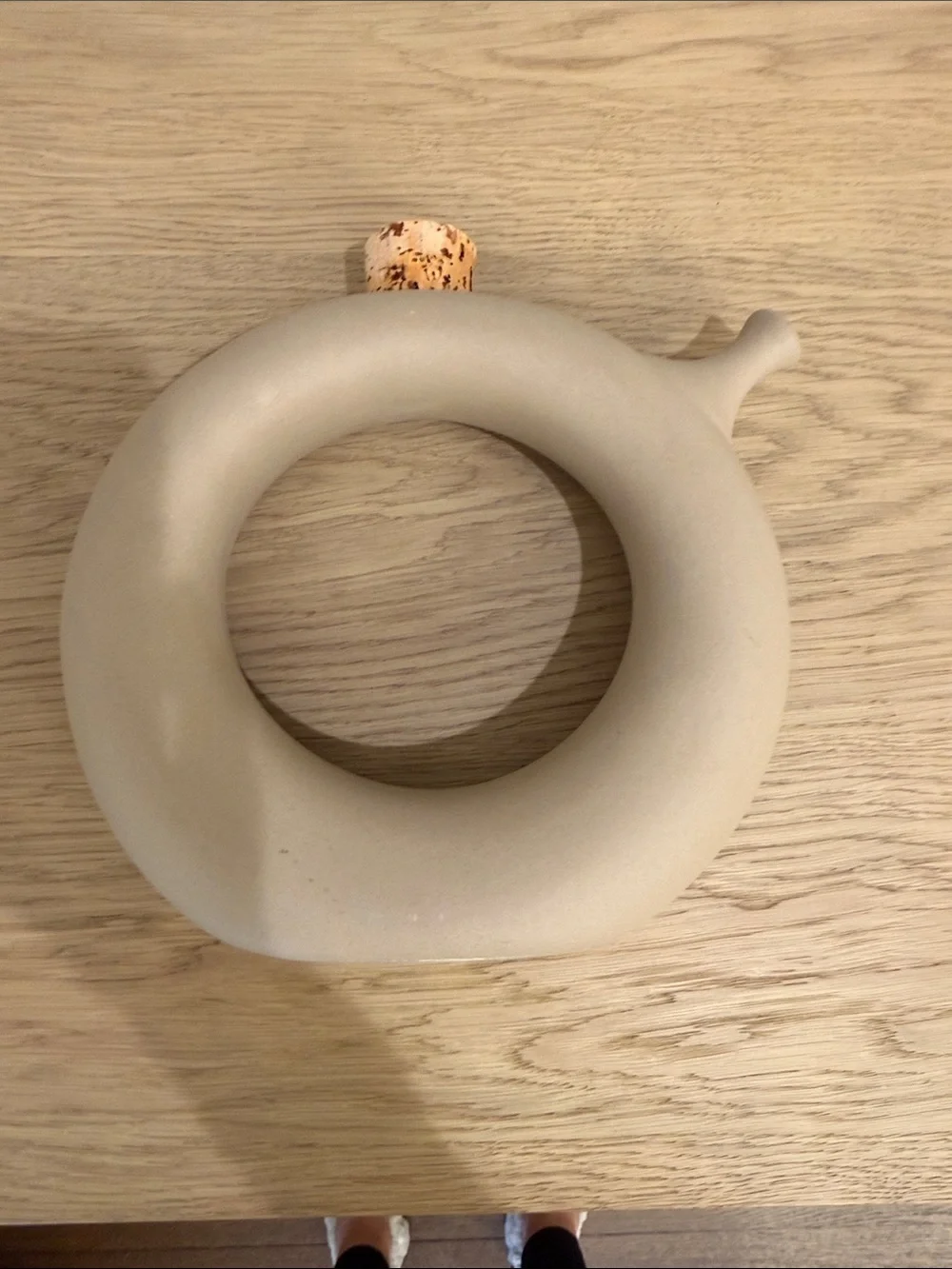 Modern Donut-Shaped Ceramic Vase in Matte Taupe With Cork & Spout